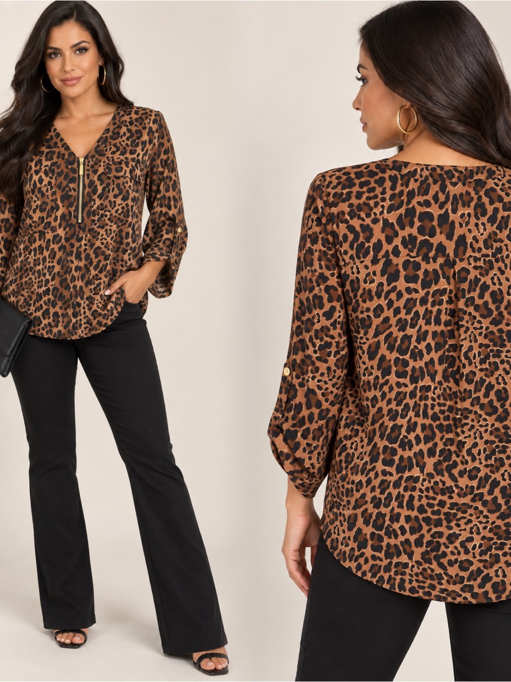 CeCe Brown Leopard Print V-Neck Zip Blouse